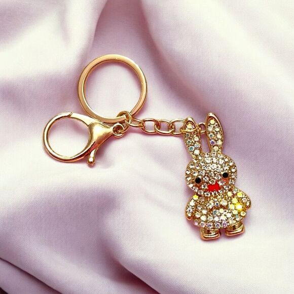 White and Iridescent Crystal Bunny Gold Tone Keychain - Picture 2 of 3
